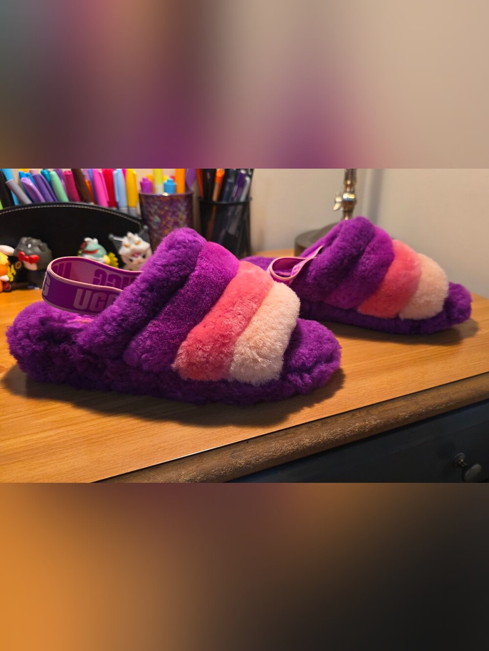 UGG Adult Fluff Slide in Purple, Pink, Cream Stripes.
